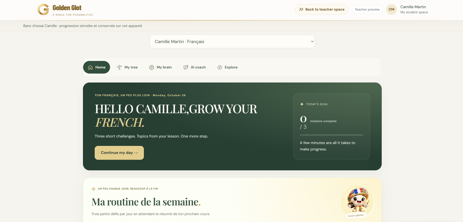 Tableau de bord Golden Glot pour l’apprentissage du français