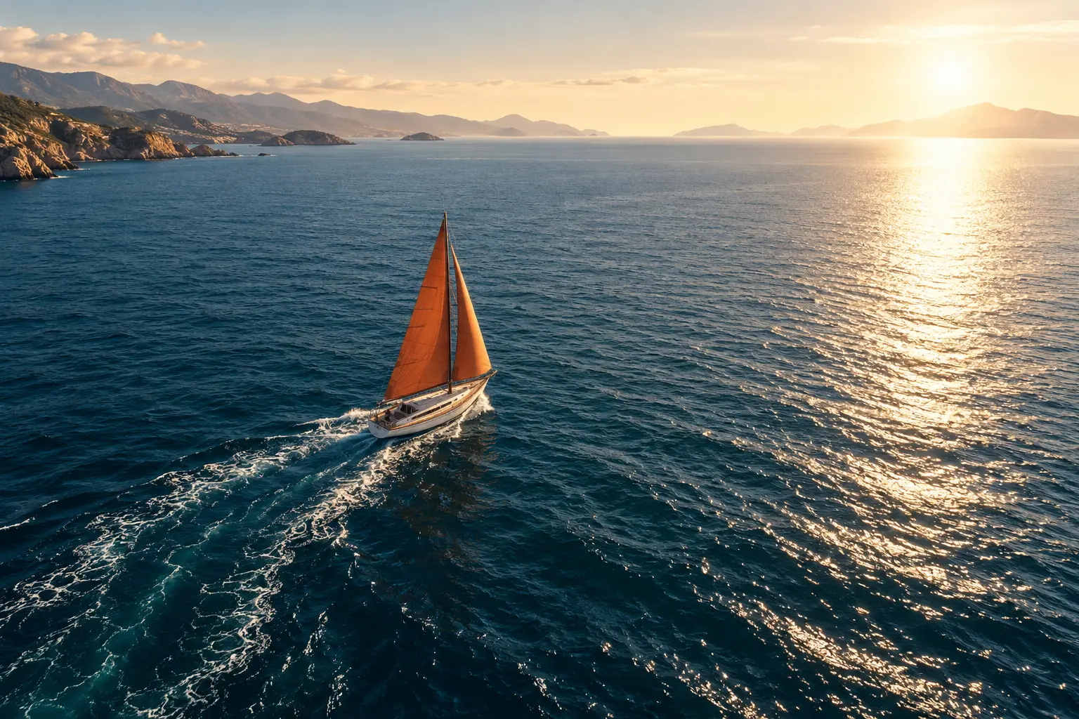 Voilier à voile orange avançant vers l’horizon