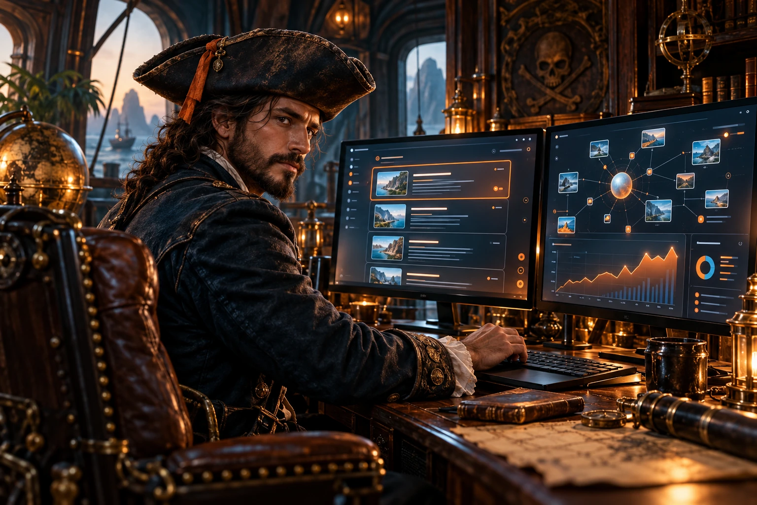 Capitaine pirate analysant des résultats de recherche et des sources IA
