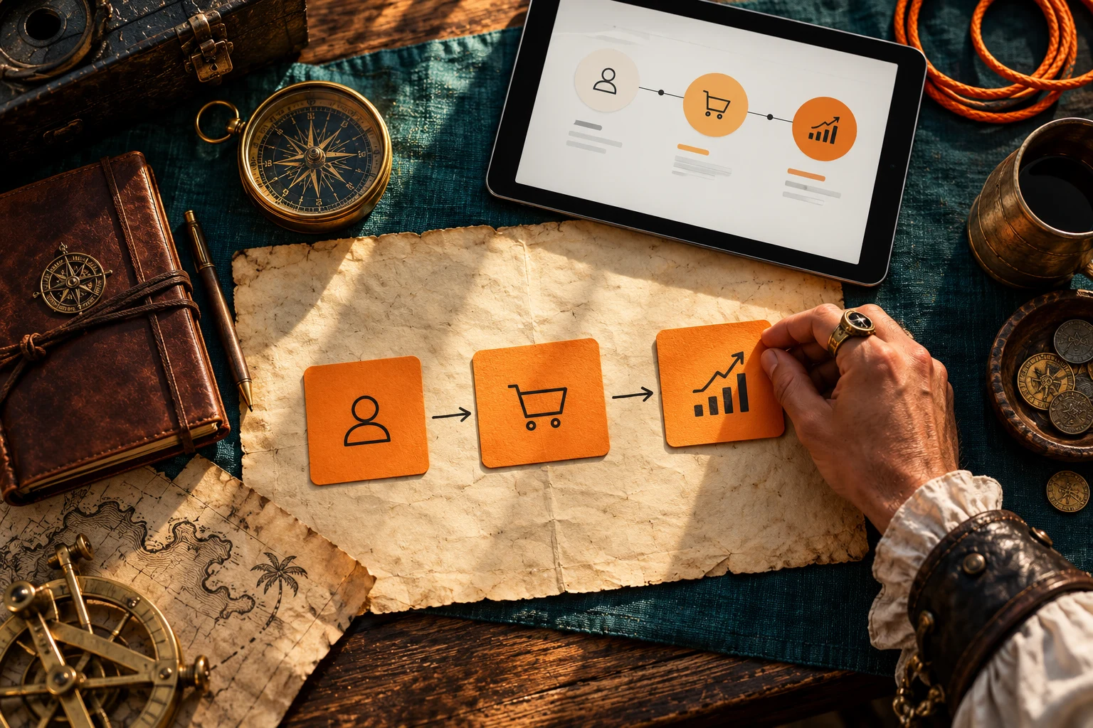 Bureau de stratège pirate avec étapes du parcours client et tablette