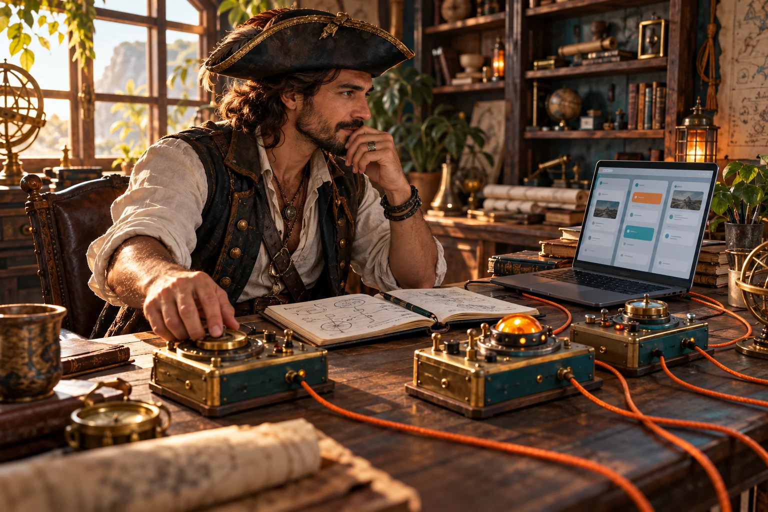 Capitaine pirate pilotant des consoles reliées à un flux de travail numérique