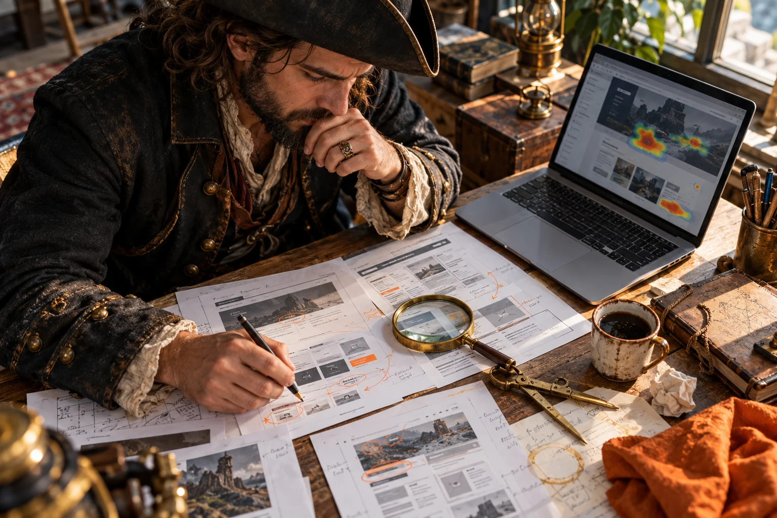 Pirate enquêteur étudiant les pages d’un site et son diagnostic SEO