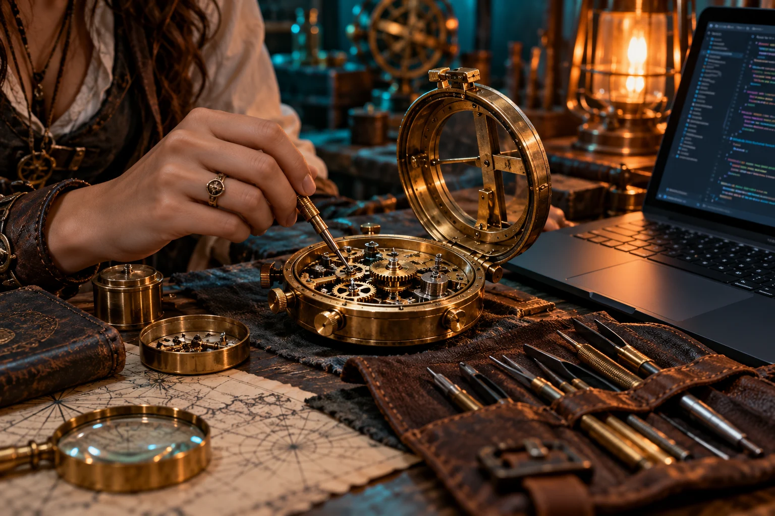 Réglage minutieux d’un instrument en laiton à côté d’un éditeur de code