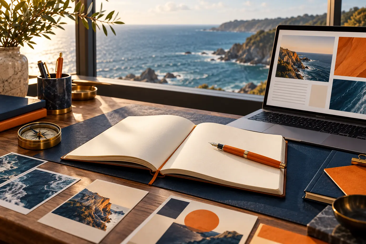 Carnet, stylo orange et ordinateur : l’atelier de création de contenu SEO